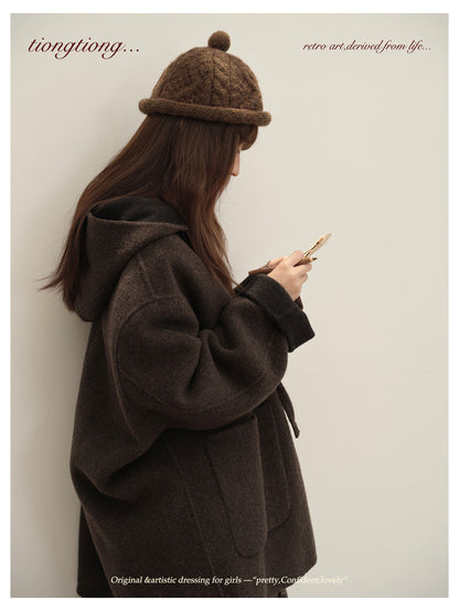 3色展開◇ダブルフェイス カシミア×メリノウールで暖かドロップショルダーゆったり フーディーコート◇