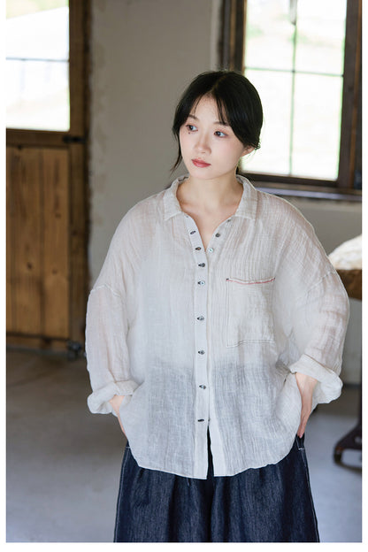 極薄リネンガーゼで清涼感✩ステッチング＆ボタンがポイントに✩ドロップショルダー リネン長袖 シャツ☆M/Lサイズ