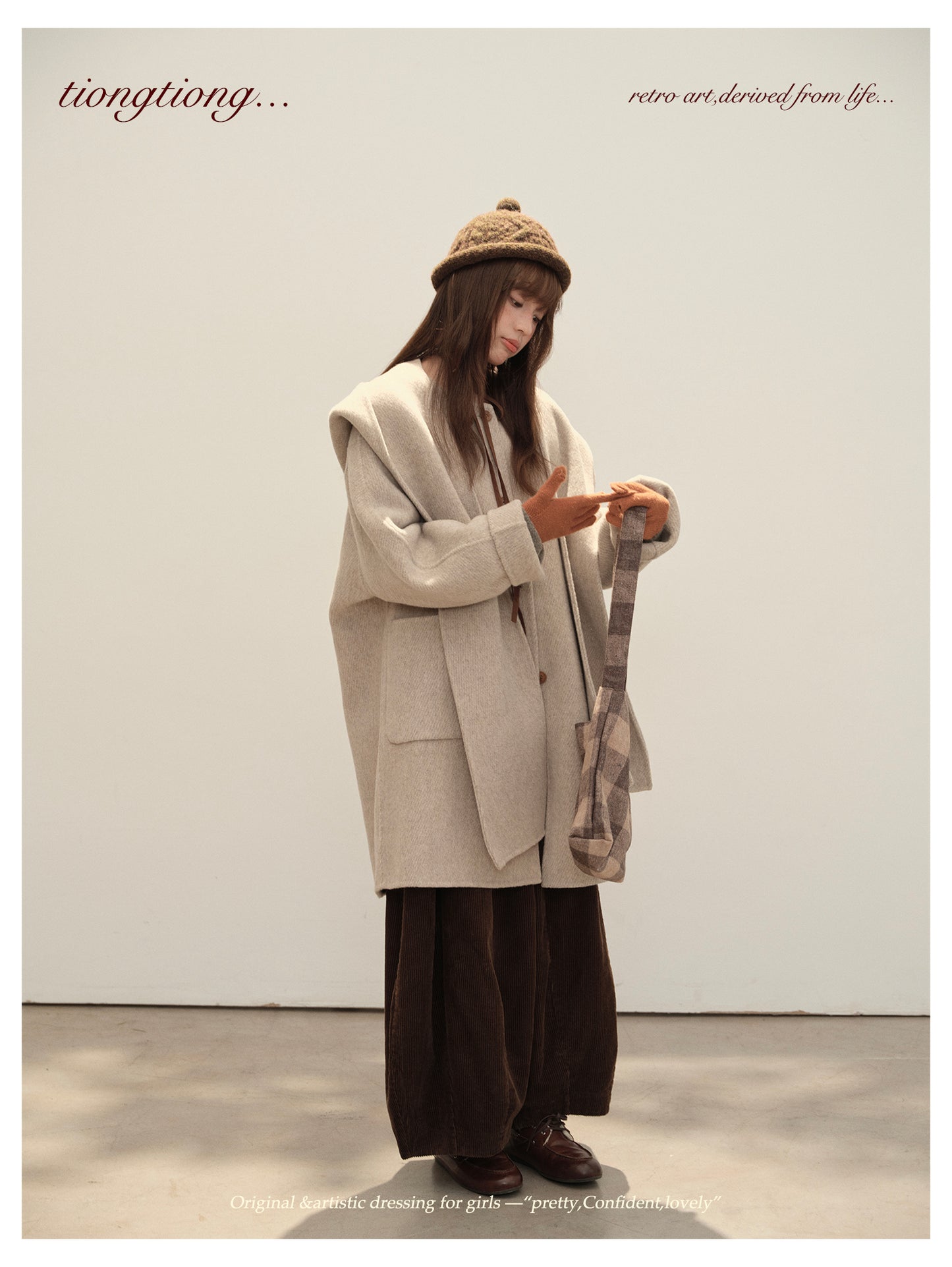 △ダブルフェイスメリノウールで暖か ドルマンスリーブゆったり  ノーカラーコート△マフラー付き