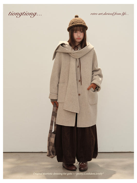 △ダブルフェイスメリノウールで暖か ドルマンスリーブゆったり  ノーカラーコート△マフラー付き