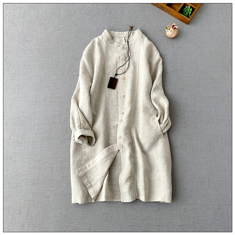 3色展開◇バンドカラードルマンスリーブ リネン ロングシャツ コート◇