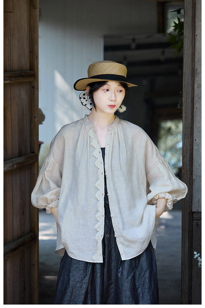✩品のある前立て＆ネックのフリル使い✩リネン ギャザー＆フリル ドロップショルダー ブラウス✩ M/Lサイズ