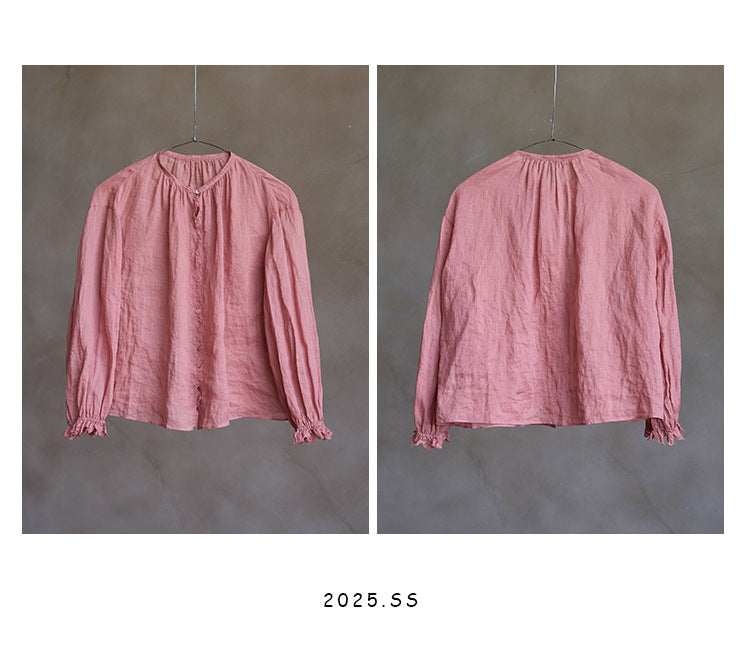 ✩ピンク掛かった赤の色味が美しい✩ラミー ギャザーフリル ドロップショルダー ブラウス✩ M/Lサイズ