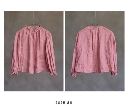 ✩ピンク掛かった赤の色味が美しい✩ラミー ギャザーフリル ドロップショルダー ブラウス✩ M/Lサイズ