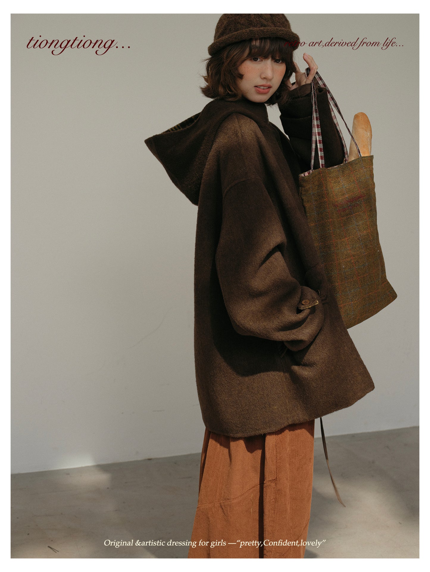 ２色展開◇ダブルフェイスウール×ヤク×シルクで暖かドロップショルダーゆったり フーディーコート◇