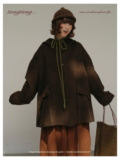 ２色展開◇ダブルフェイスウール×ヤク×シルクで暖かドロップショルダーゆったり フーディーコート◇