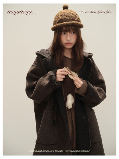 3色展開◇ダブルフェイス カシミア×メリノウールで暖かドロップショルダーゆったり フーディーコート◇