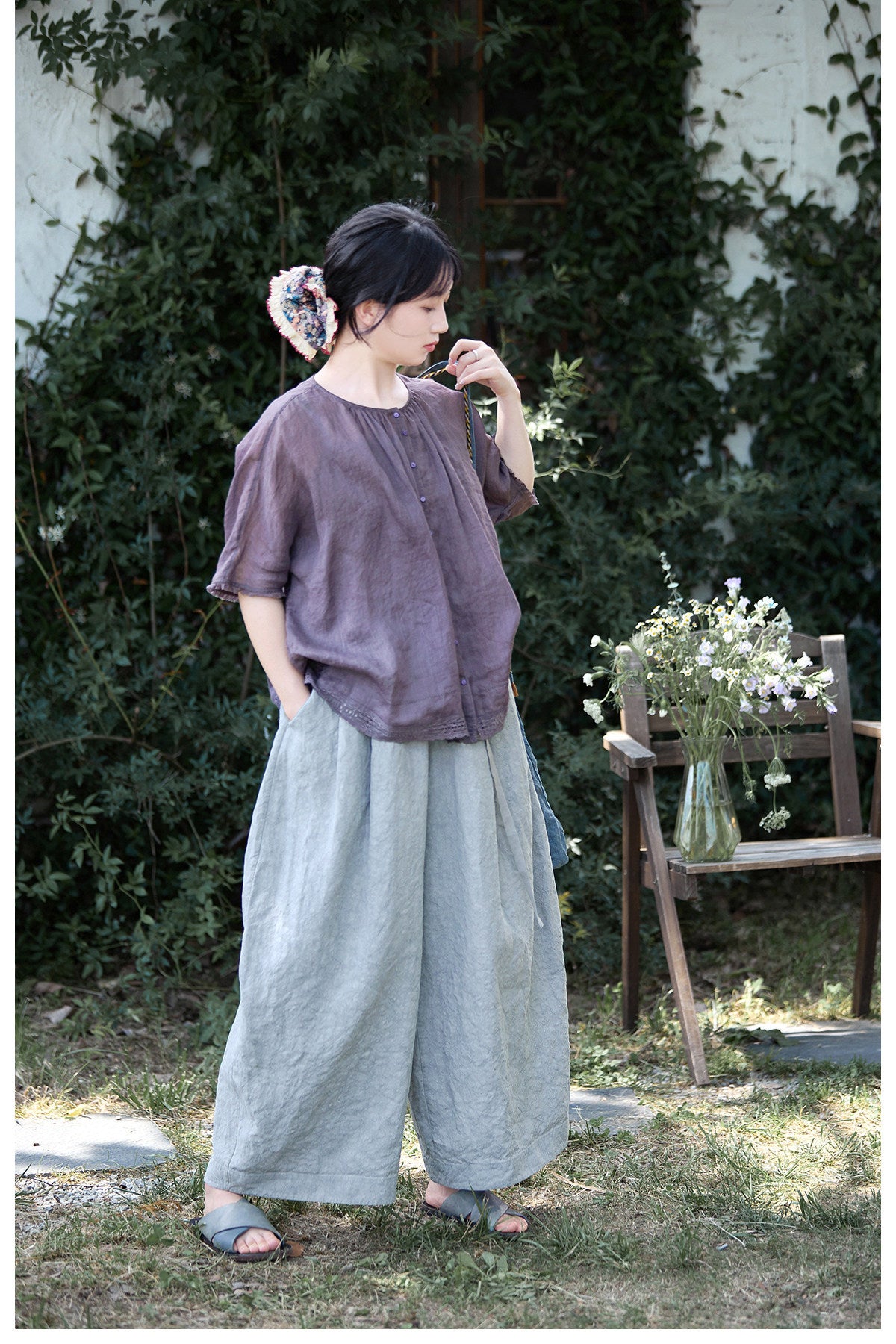 ✩灰掛かったパープルカラーが絶妙✩ソフトラミー レース＆ギャザー ノーカラー ドルマンスリーブ ブラウス✩S/M/Lサイズ