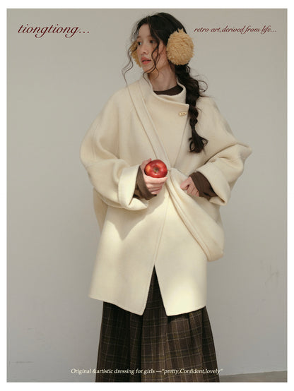 3色展開◇ダブルフェイス ウール×キャメルウールで暖かドロップショルダーゆったりコート◇バッグ付き