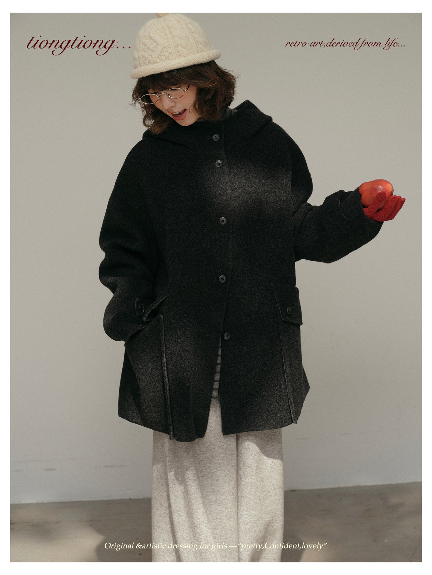 ２色展開◇ダブルフェイスウール×ヤク×シルクで暖かドロップショルダーゆったり フーディーコート◇