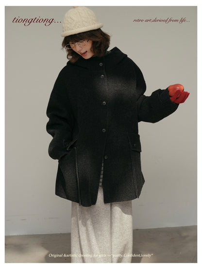 ２色展開◇ダブルフェイスウール×ヤク×シルクで暖かドロップショルダーゆったり フーディーコート◇