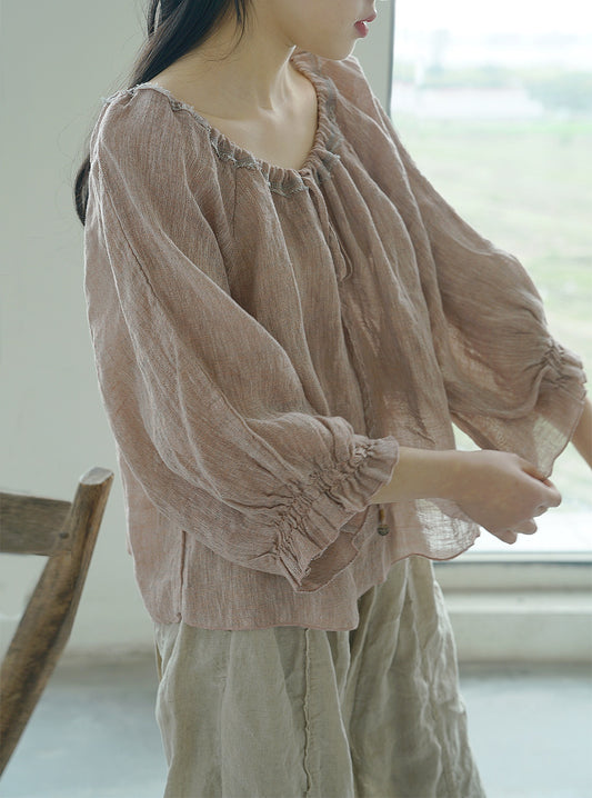 ✩2色展開✩ゆったりシルエット✩リネンシャンブレー ラグランスリーブ ブラウス✩